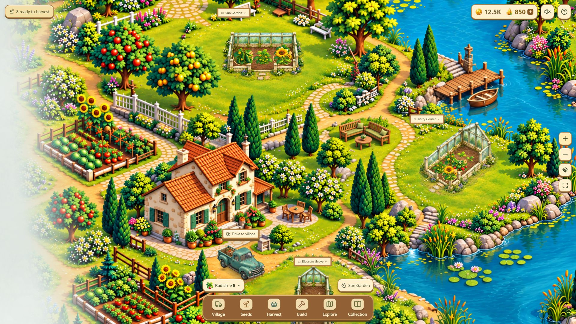 Starter garden with farmhouse and planted greenhouses